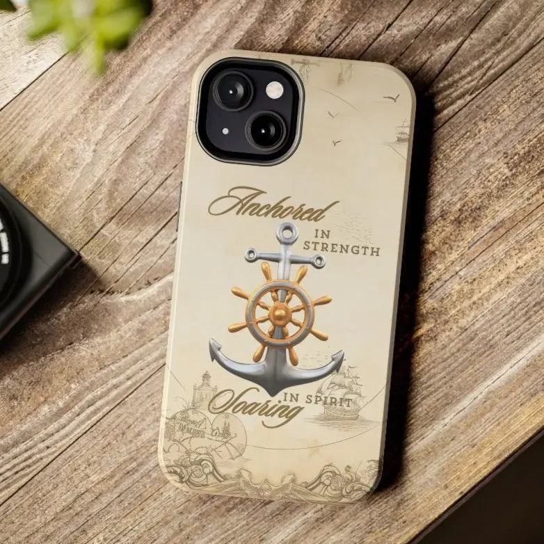 Iphone 13 nautical map phone case with anchor with ship wheel and phrase Anchored Hearts Soaring Spirit design for iPhone and Samsung.