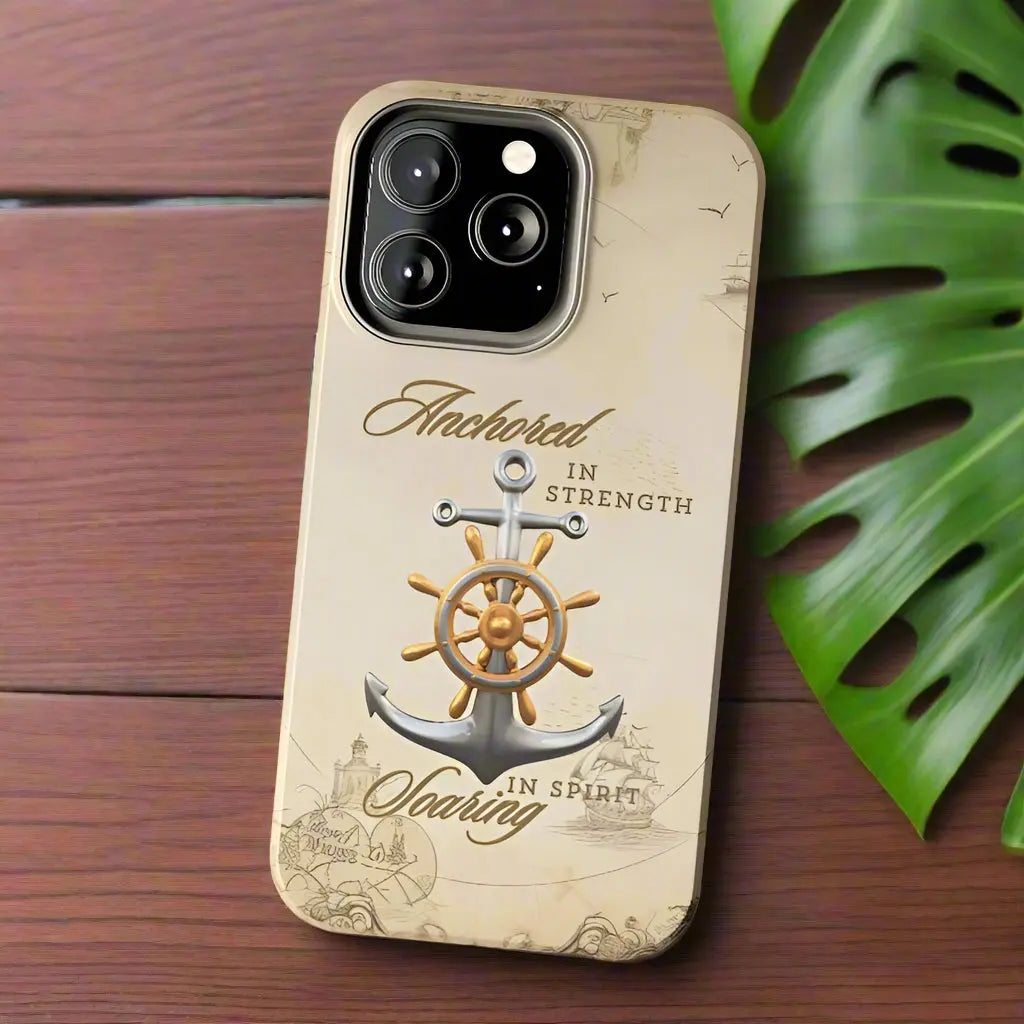 iPhone 13 Pro nautical map phone case with anchor with ship wheel and phrase Anchored Hearts Soaring Spirit design for iPhone and Samsung.