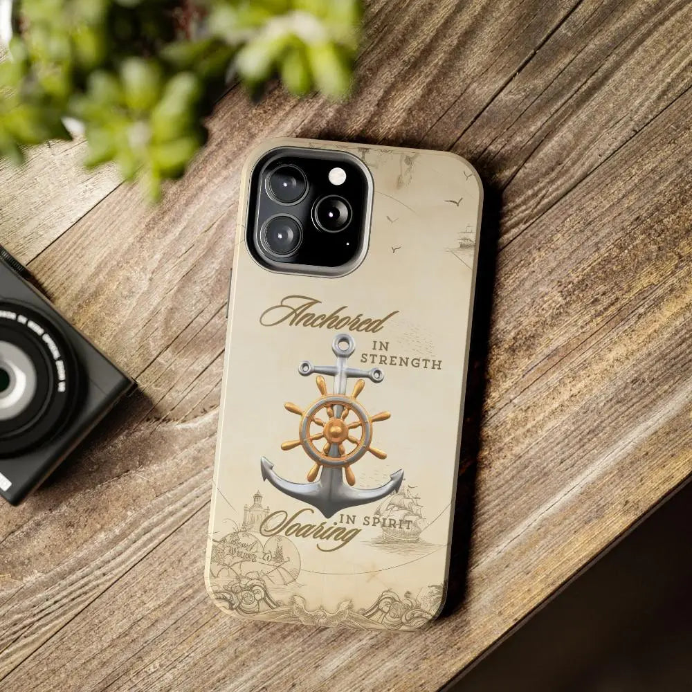 iPhone 13 Pro Max nautical map phone case with anchor with ship wheel and phrase Anchored Hearts Soaring Spirit design for iPhone and Samsung.