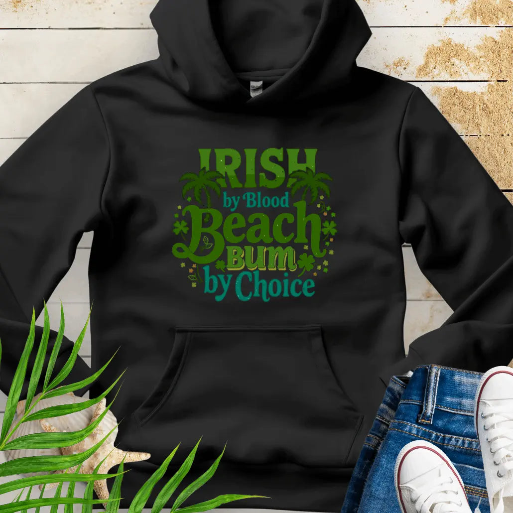 Black Irish by Blood Beach Bum by Choice Hoodie with palm trees and shamrock graphics keeps you cozy and warm for Irish festivities like St. Patrick's Day! Show off your Irish Pride!