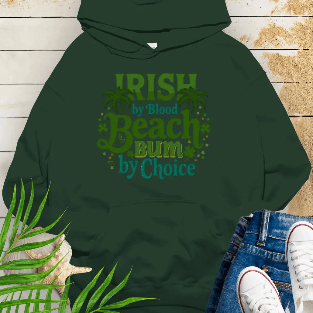 Forest Green Irish by Blood Beach Bum by Choice Hoodie with palm trees and shamrock graphics keeps you cozy and warm for Irish festivities like St. Patrick's Day! Show off your Irish Pride!
