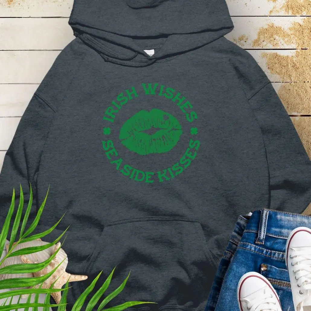 Dark Heather hoodie with Lips with shamrock in upper right side with text Irish Wishes Seaside Kisses. Perfect for St. Patrick's Day festivities. Free Shipping!