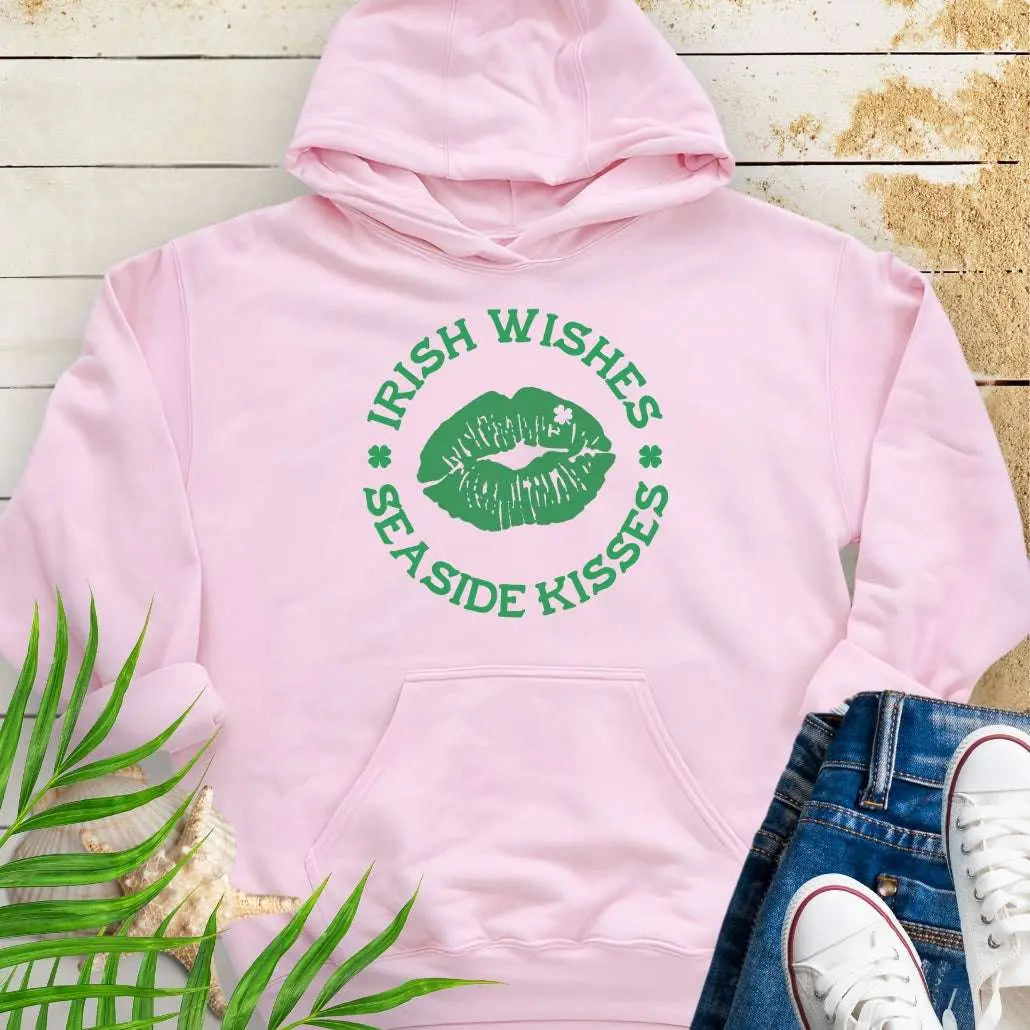 Light Pink hoodie with Lips with shamrock in upper right side with text Irish Wishes Seaside Kisses. Perfect for St. Patrick's Day festivities. Free Shipping!