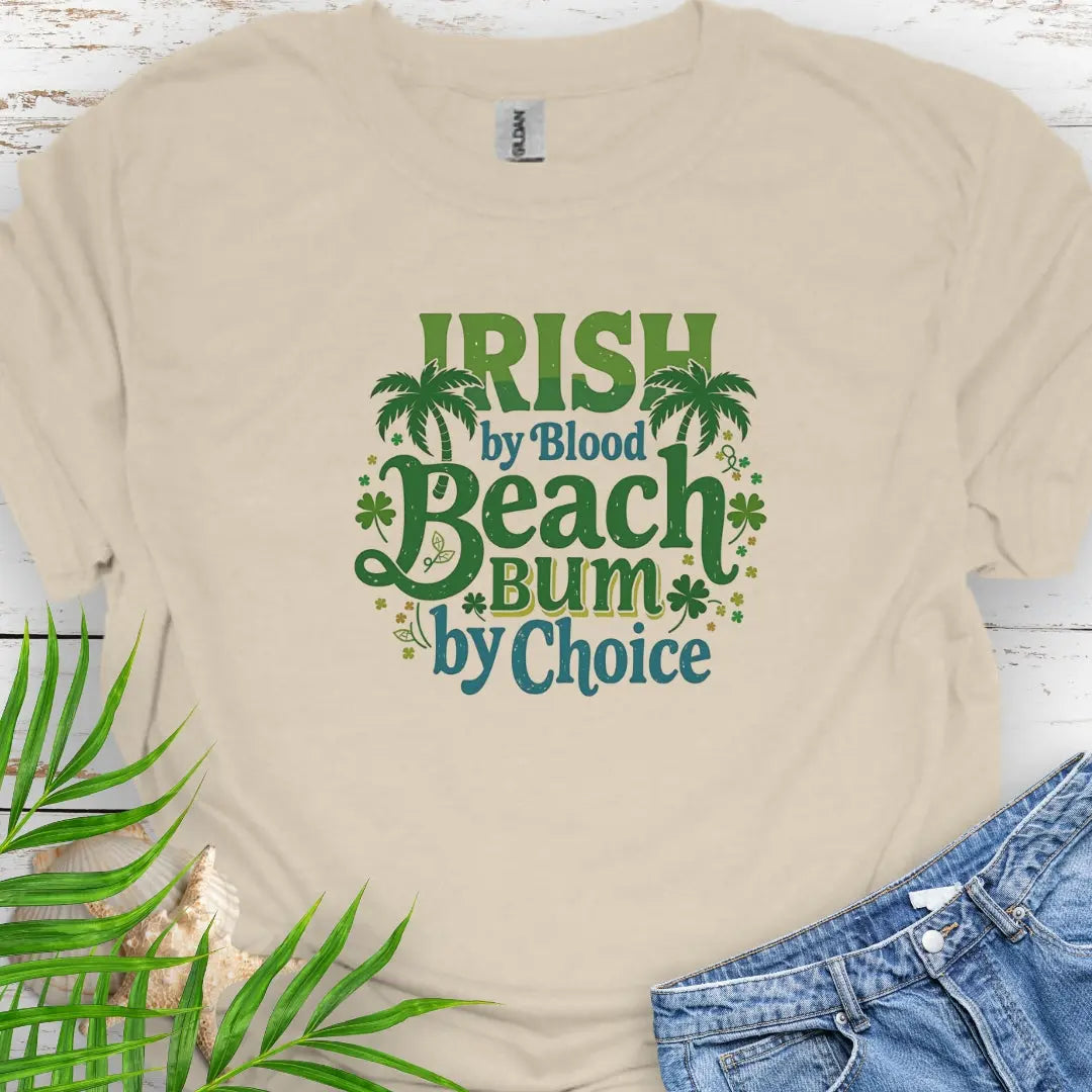 Natural Irish by Blood Beach Bum by Choice T-shirt with palm trees and shamrock graphics keeps you cozy and warm for Irish festivities like St. Patrick's Day! Show off your Irish Pride!