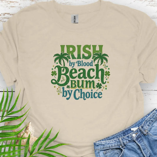 Natural Irish by Blood Beach Bum by Choice T-shirt with palm trees and shamrock graphics keeps you cozy and warm for Irish festivities like St. Patrick's Day! Show off your Irish Pride!