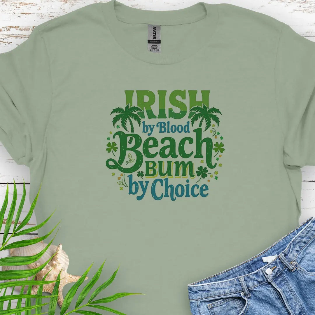 Sage Irish by Blood Beach Bum by Choice T-shirt with palm trees and shamrock graphics keeps you cozy and warm for Irish festivities like St. Patrick's Day! Show off your Irish Pride!