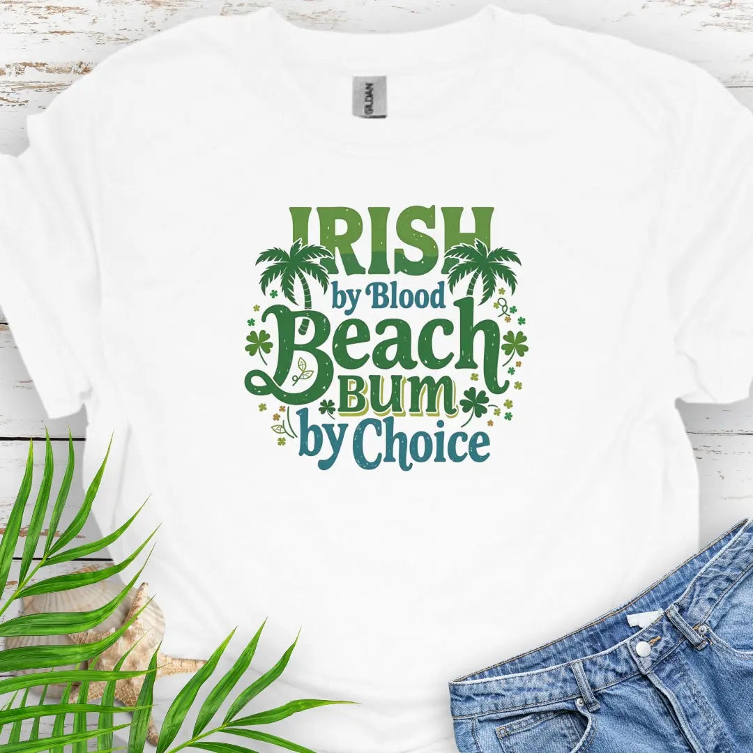 White Irish by Blood Beach Bum by Choice T-shirt with palm trees and shamrock graphics keeps you cozy and warm for Irish festivities like St. Patrick's Day! Show off your Irish Pride!