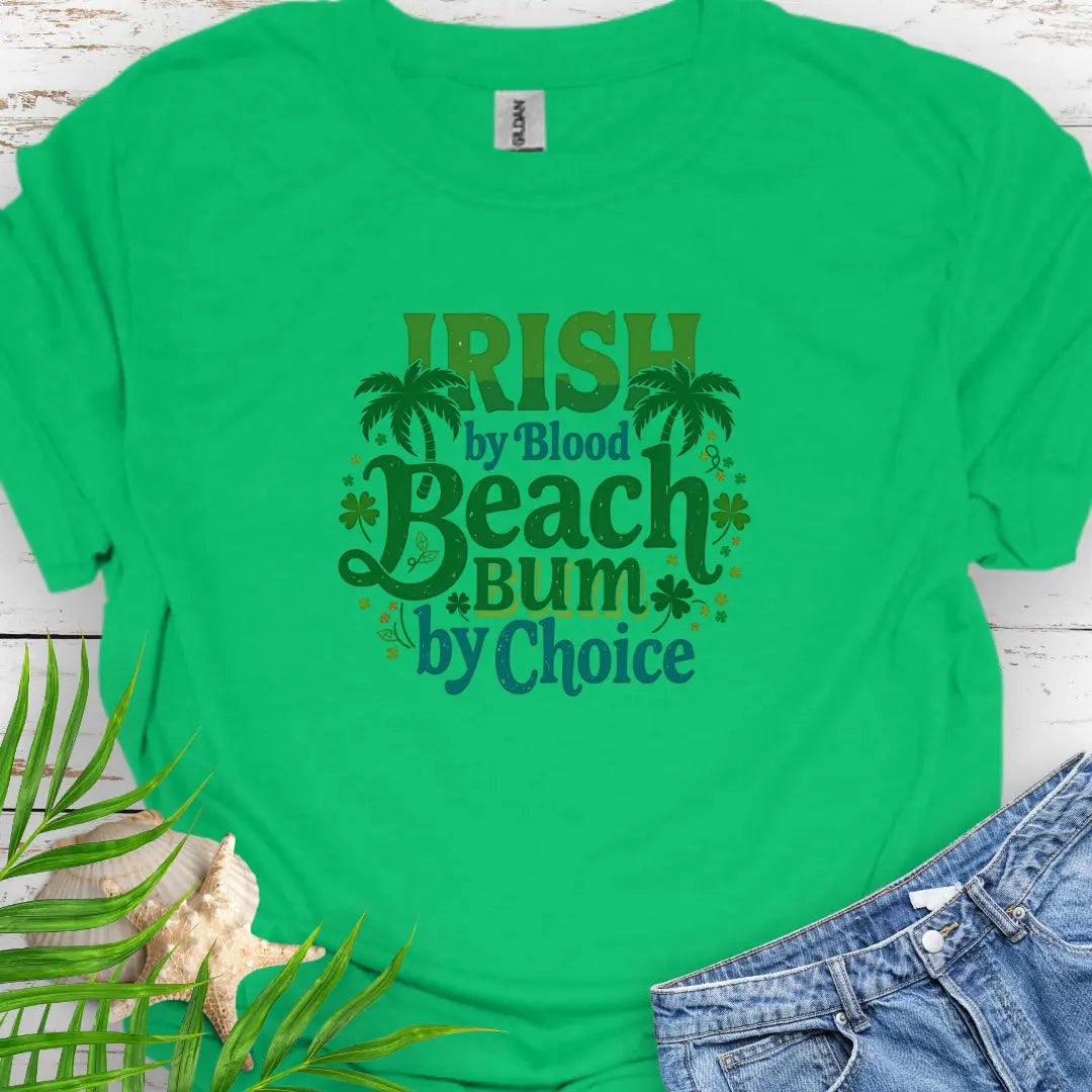 Green Irish by Blood Beach Bum by Choice T-shirt with palm trees and shamrock graphics keeps you cozy and warm for Irish festivities like St. Patrick's Day! Show off your Irish Pride!