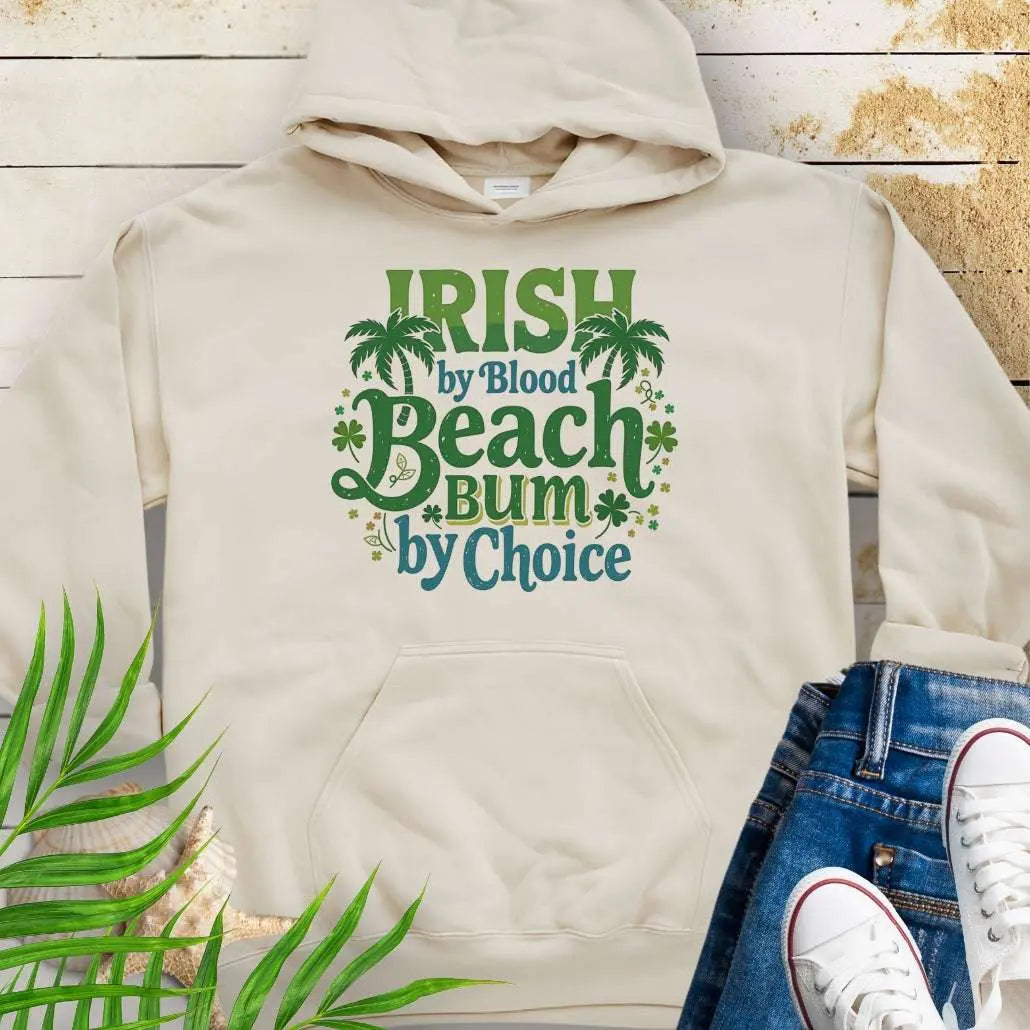 Sand Irish by Blood Beach Bum by Choice Hoodie with palm trees and shamrock graphics keeps you cozy and warm for Irish festivities like St. Patrick's Day! Show off your Irish Pride!