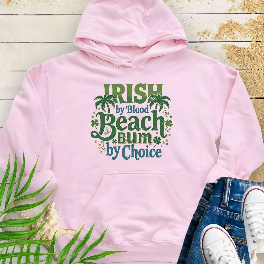 Light Pink Irish by Blood Beach Bum by Choice Hoodie with palm trees and shamrock graphics keeps you cozy and warm for Irish festivities like St. Patrick's Day! Show off your Irish Pride!