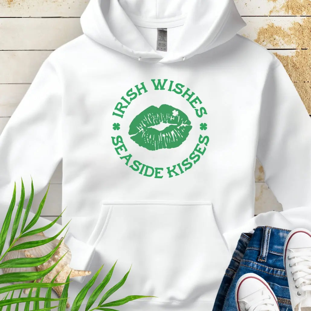 White hoodie with Lips with shamrock in upper right side with text Irish Wishes Seaside Kisses. Perfect for St. Patrick's Day festivities. Free Shipping!