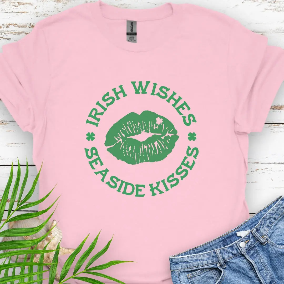 Light Pink T-shirt with Lips with shamrock in upper right side with text Irish Wishes Seaside Kisses. Perfect for St. Patrick's Day festivities. Free Shipping!