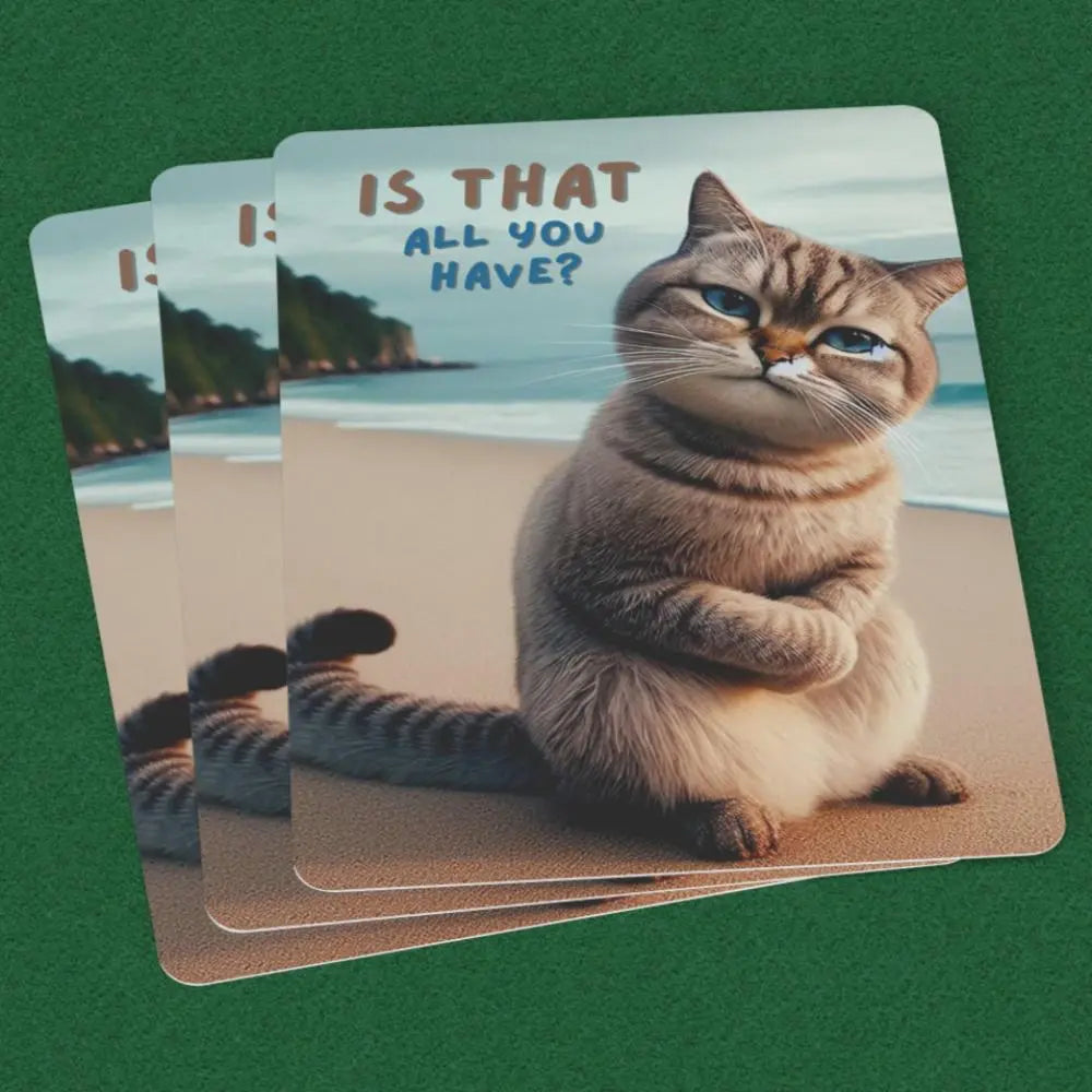 Playing cards with a smirking cat on a beach with the text is that all you have