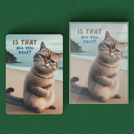 Playing cards with a smirking cat on a beach with the text is that all you have with plastic case