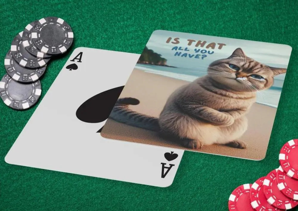Playing cards with a smirking cat on a beach with the text is that all you have