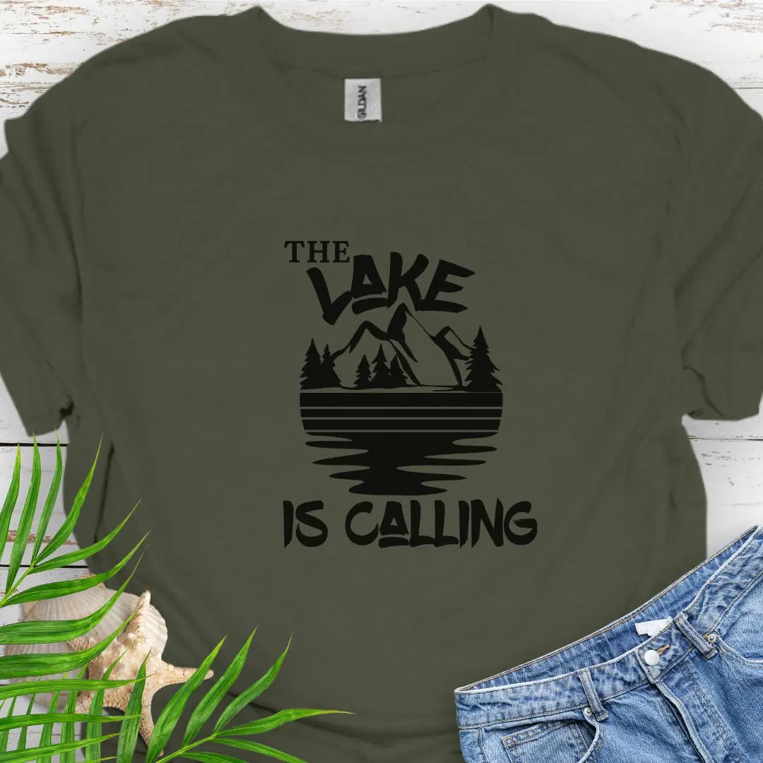 A mountain range with a lake that says The Lake is Calling in Military Green.