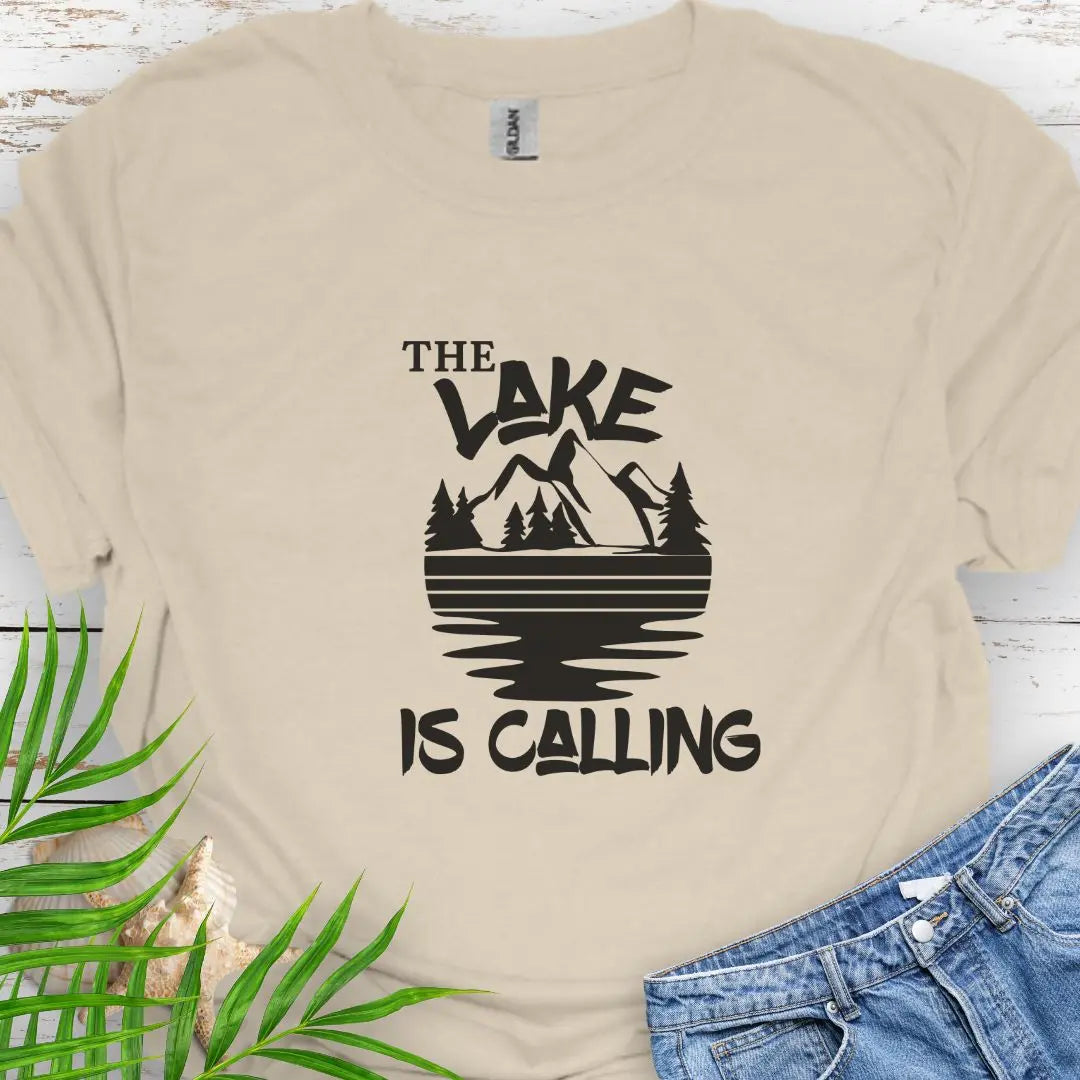 A mountain range with a lake that says The Lake is Calling in Natural.