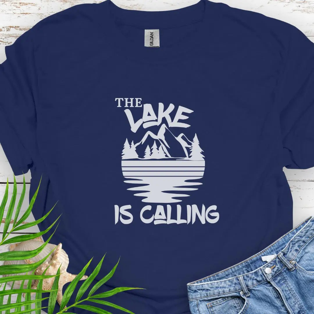 A mountain range with a lake that says The Lake is Calling in Navy.
