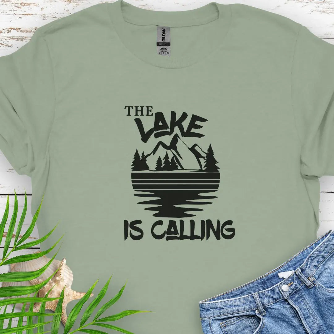 A mountain range with a lake that says The Lake is Calling in Sage.