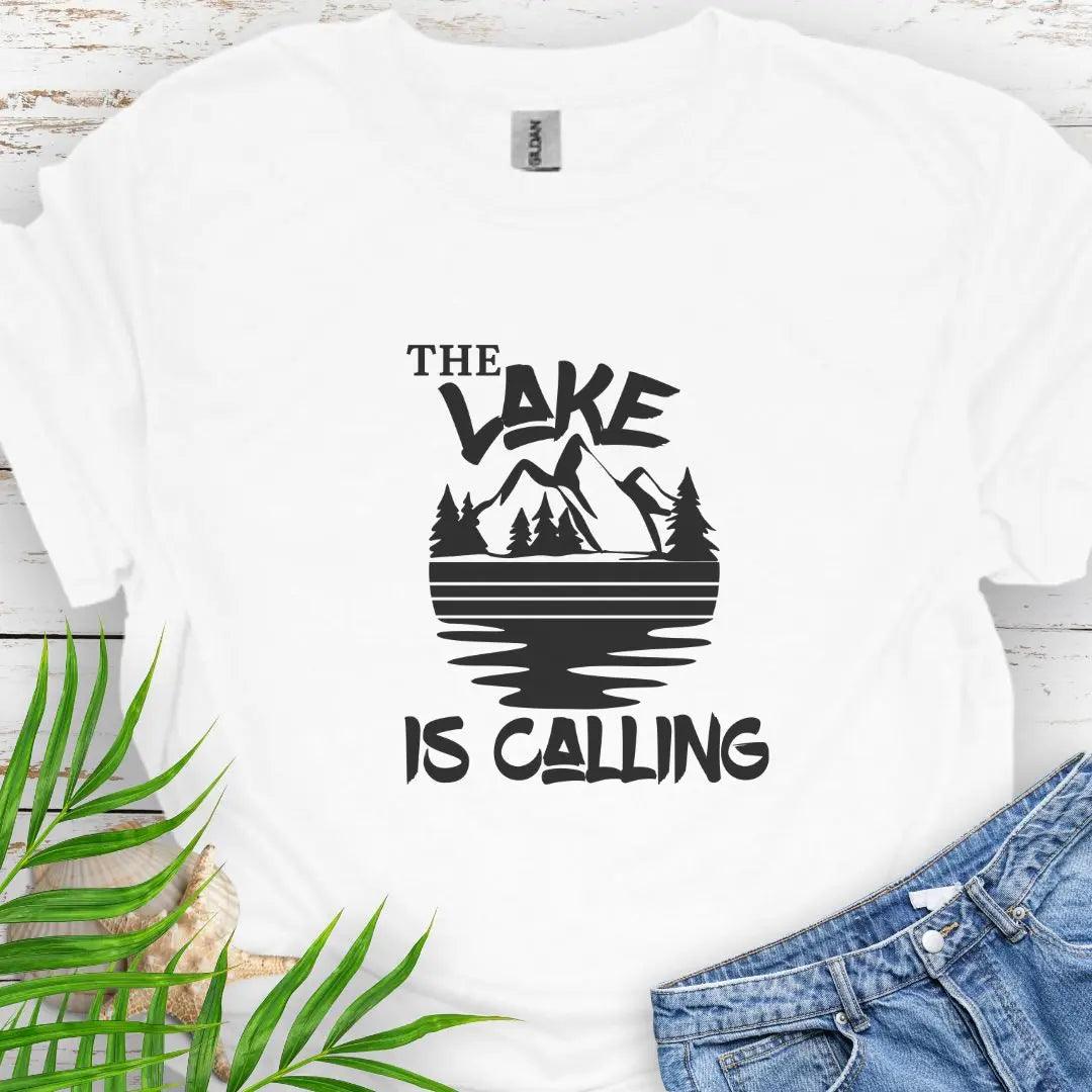 A mountain range with a lake that says The Lake is Calling in White.