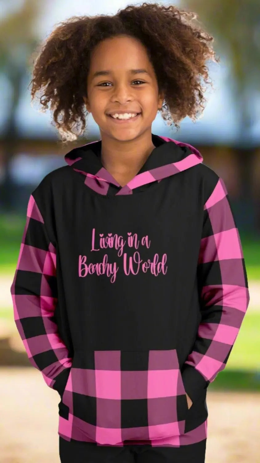 Black hoodie with hot pink text Living in a Beachy World with hot pink and black gingham sleeves, hood, and kangaroo pouch.