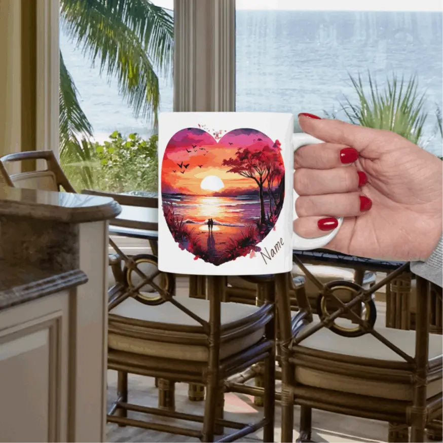 White 11 oz Mug watercolor heart scene of sunset beach with couple and other side with text I Love you to the Beach and Back that can be personalized.