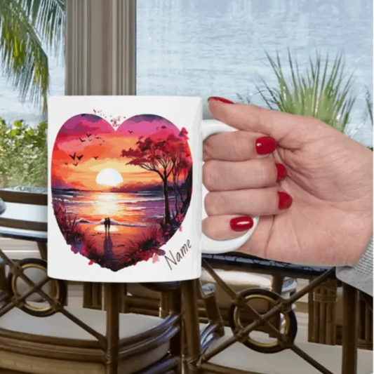 White 11 oz Mug watercolor heart scene of sunset beach with couple and other side with text I Love you to the Beach and Back that can be personalized.