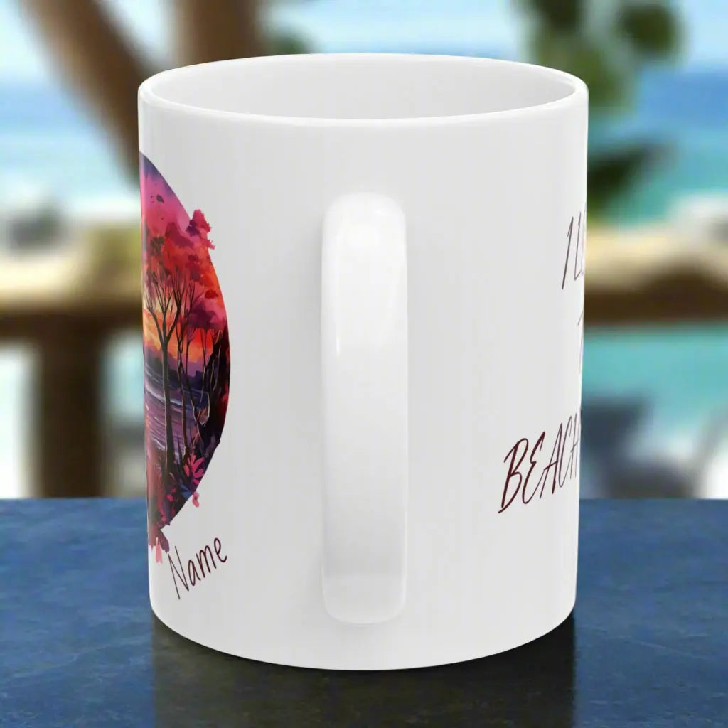 Side view White 11 oz Mug watercolor heart scene of sunset beach with couple and other side with text I Love you to the Beach and Back that can be personalized.