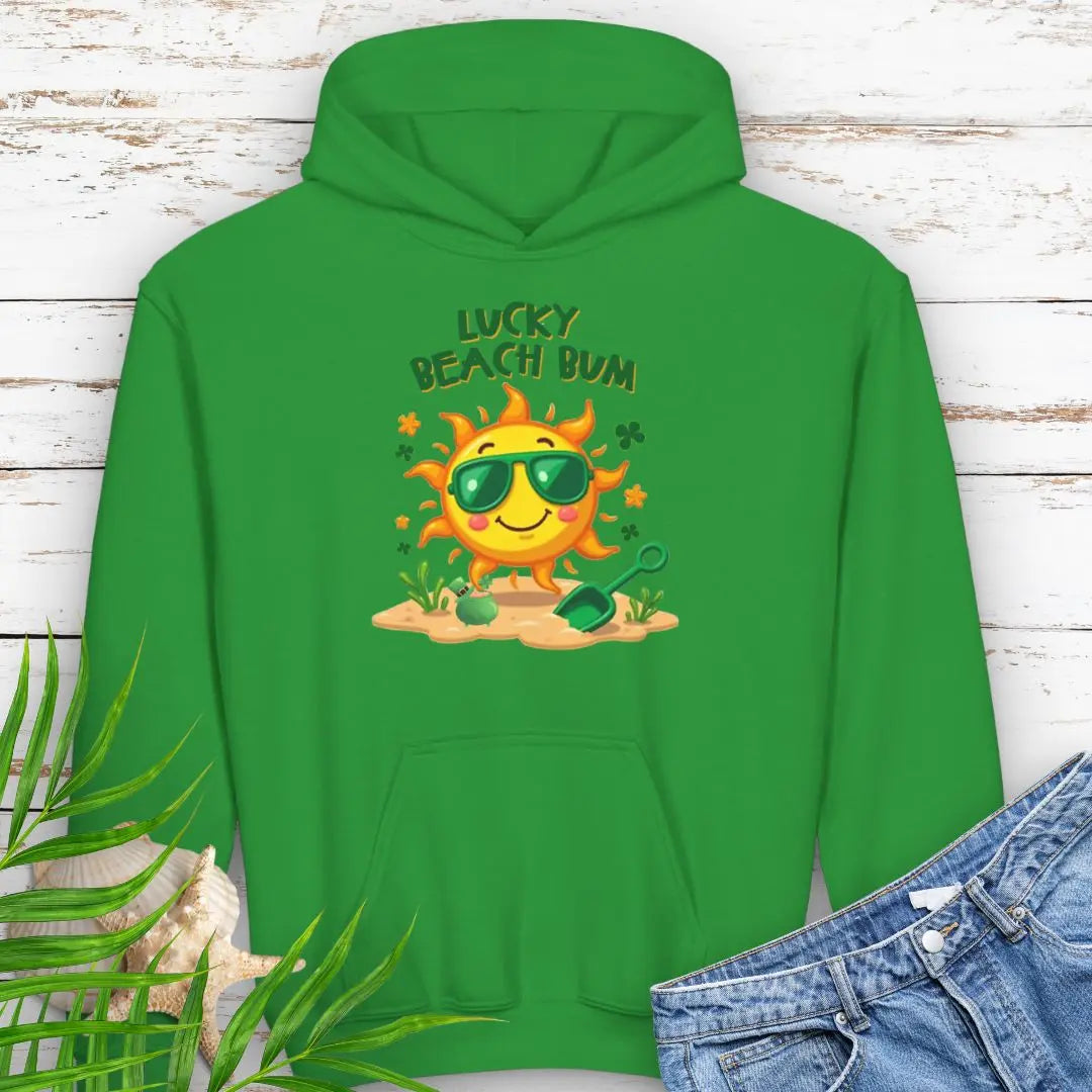 Lucky Beach Bum Child's Green Hoodie with a smiling sun wearing green sunglasses on the beach with beach toys.