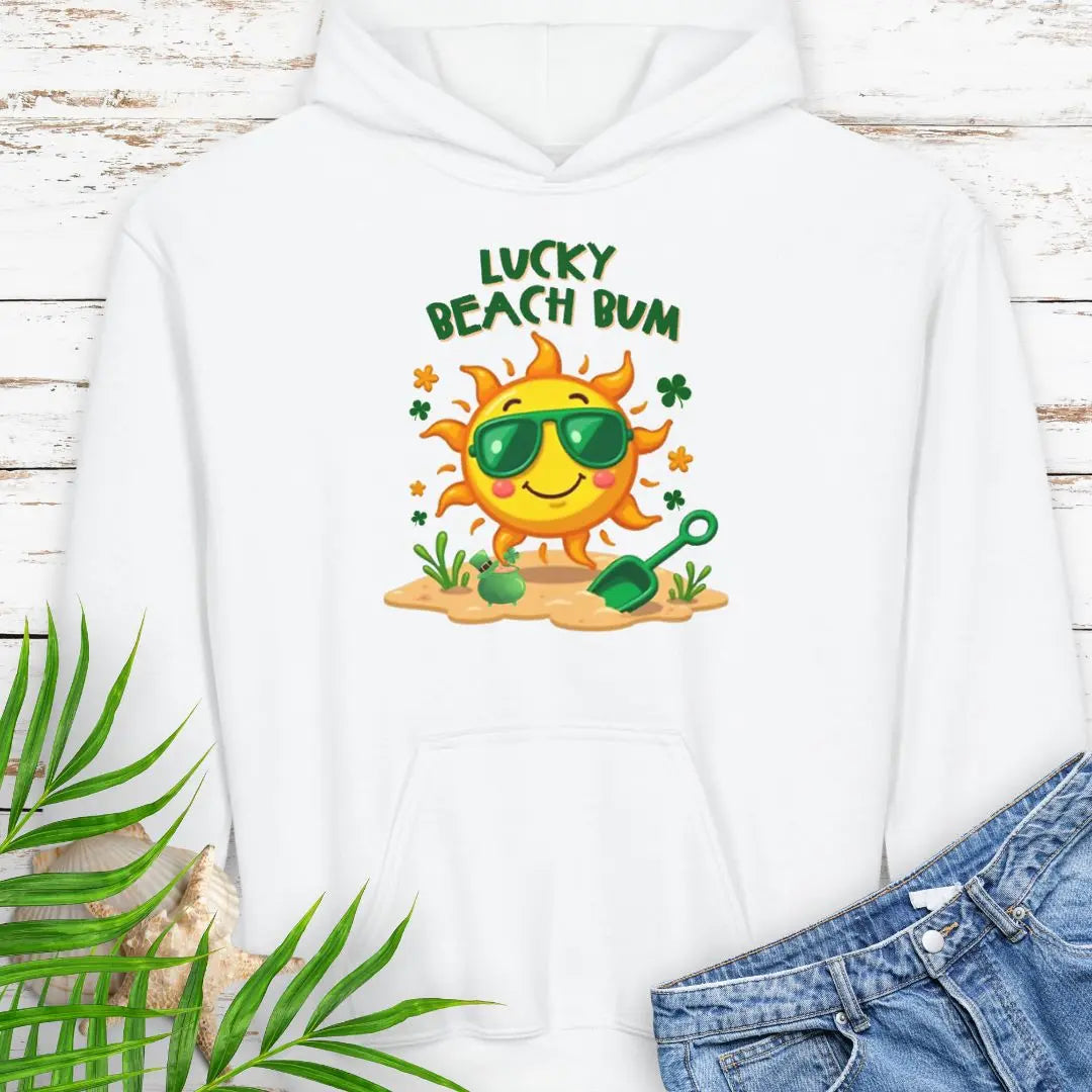 Lucky Beach Bum Child's White Hoodie with a smiling sun wearing green sunglasses on the beach with beach toys.