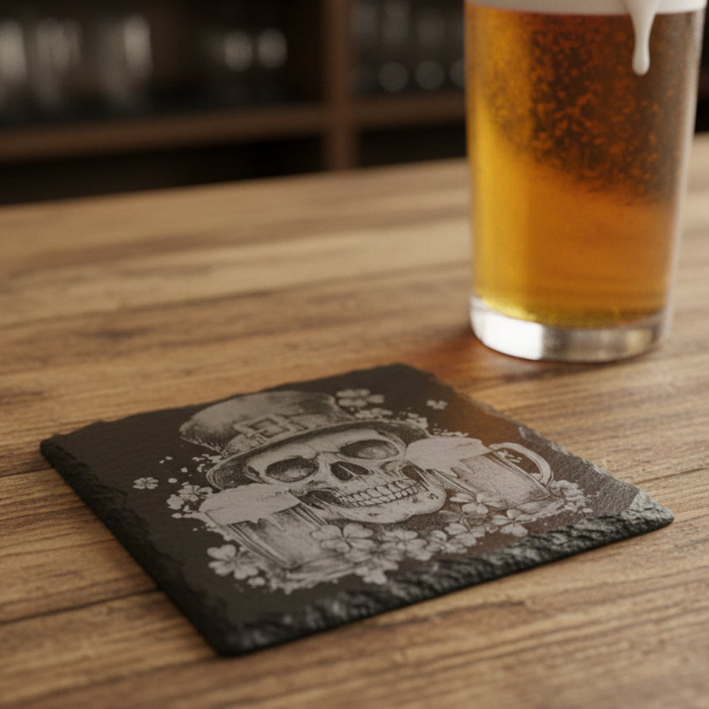 Slate coaster with skull design next to a glass of beer on a wooden table
