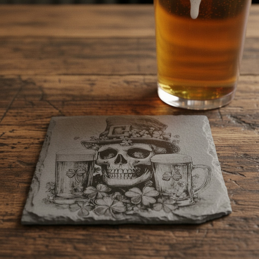 Slate coaster with skull and mug design engraved.