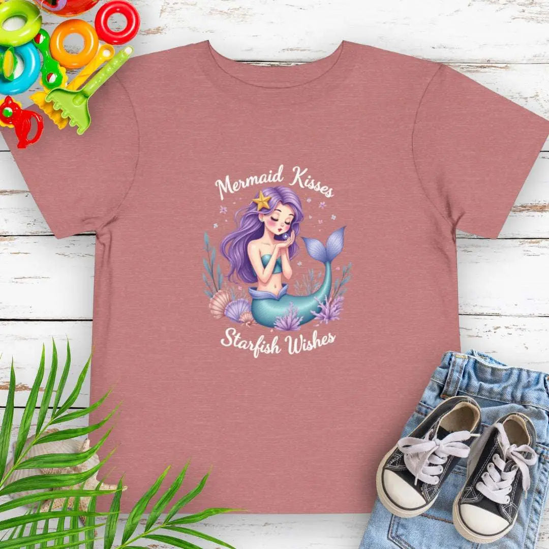 Mermaid Kisses Starfish Wishes Toddler Heather Mauve T-shirt featuring a mermaid sitting in sea plants and shells blowing bubbles.