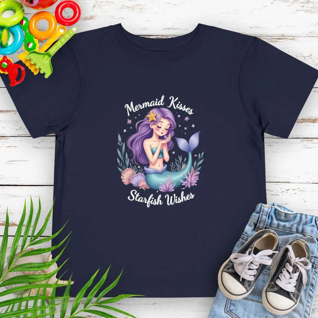 Mermaid Kisses Starfish Wishes Toddler Navy T-shirt featuring a mermaid sitting in sea plants and shells blowing bubbles.