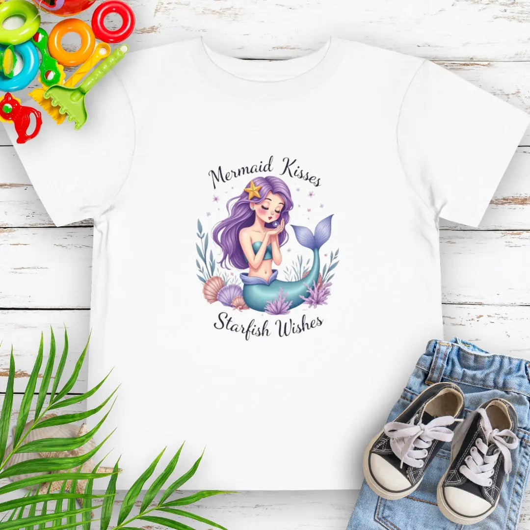 Mermaid Kisses Starfish Wishes Toddler White T-shirt featuring a mermaid sitting in sea plants and shells blowing bubbles.