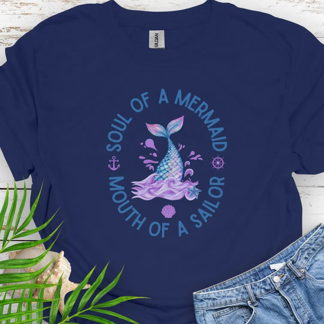 Navy T-shirt with fish tail coming out of the water with text Soul of a Mermaid Mouth of a Sailor.