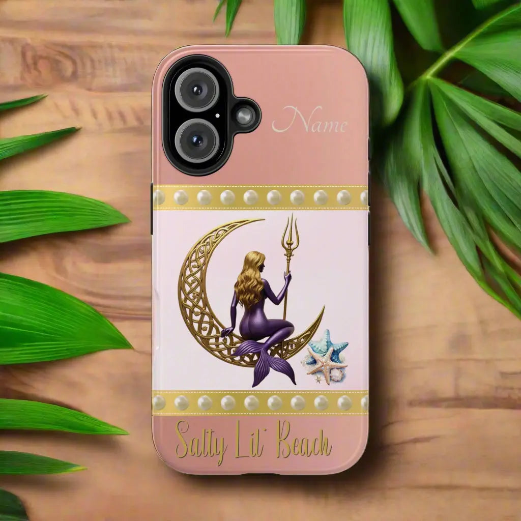 Pink and White 16 iPhone Case with mermaid sitting on a celtic crescent moon holding a trident that says Salty Lil' Beach. Personalized with name.