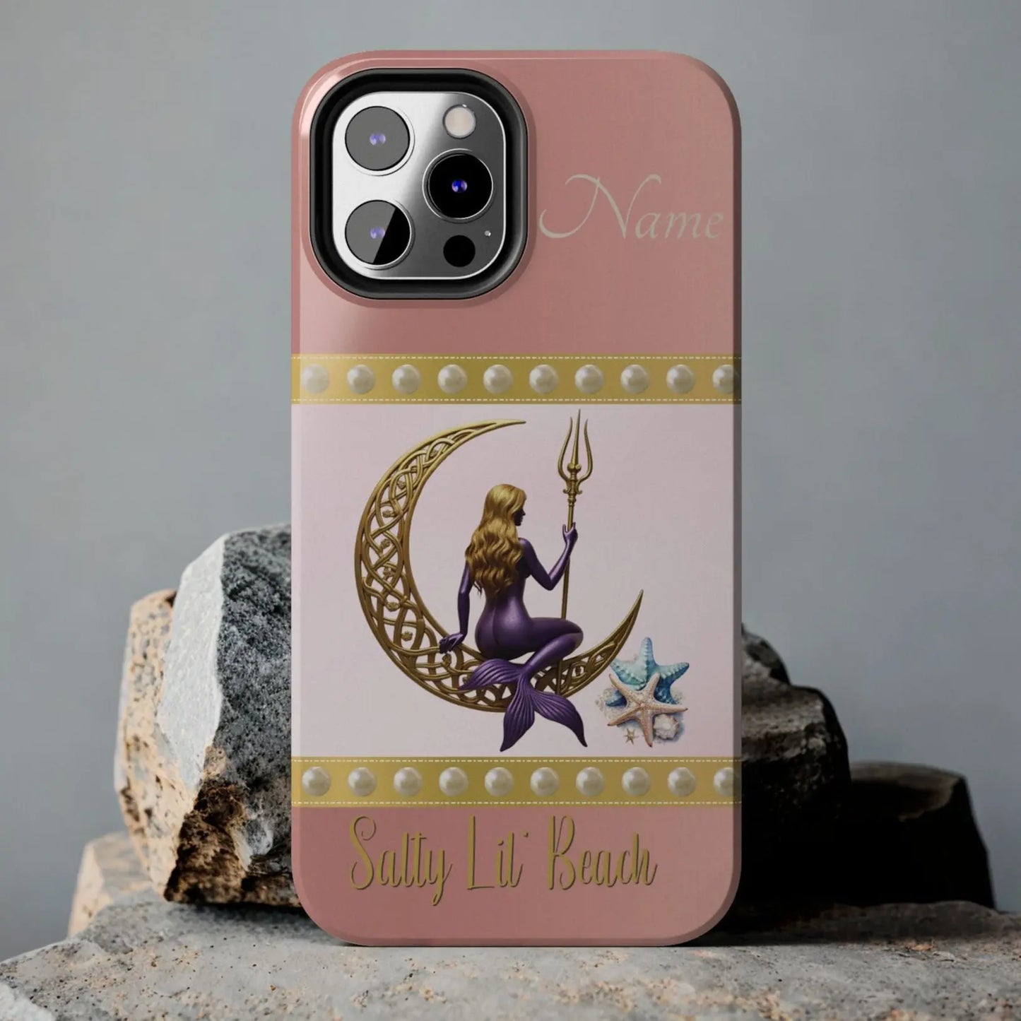 Pink and White 12 iPhone Case with mermaid sitting on a celtic crescent moon holding a trident that says Salty Lil' Beach. Personalized with name.
