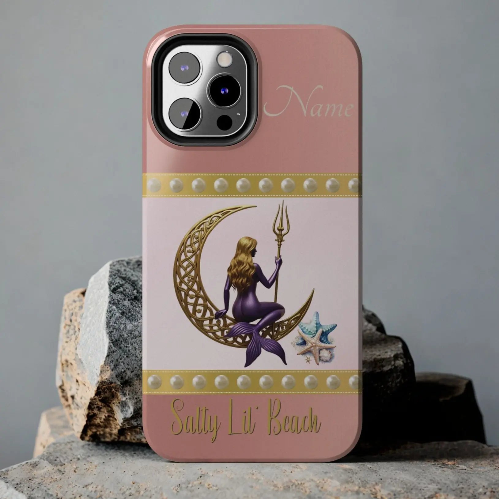 Pink and White 12 iPhone Case with mermaid sitting on a celtic crescent moon holding a trident that says Salty Lil' Beach. Personalized with name.