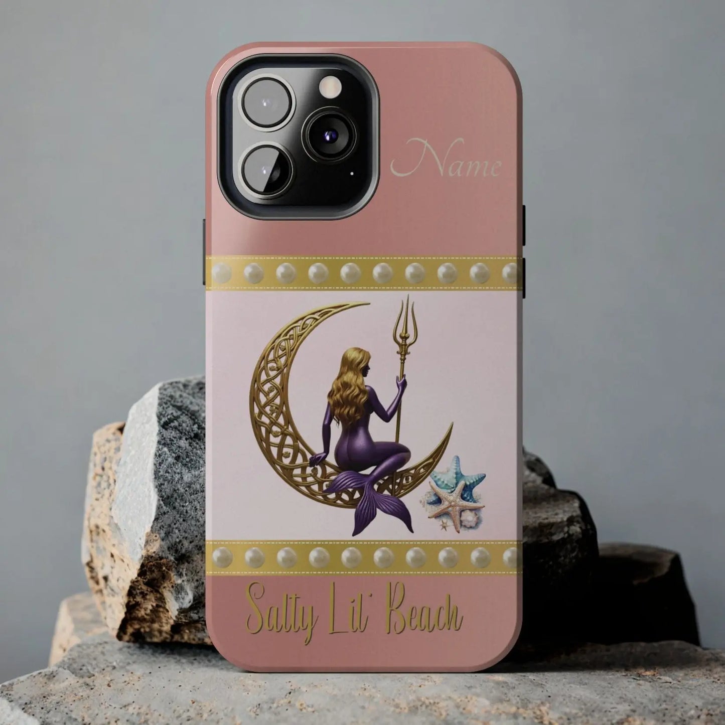 Pink and White 13 iPhone Case with mermaid sitting on a celtic crescent moon holding a trident that says Salty Lil' Beach. Personalized with name.