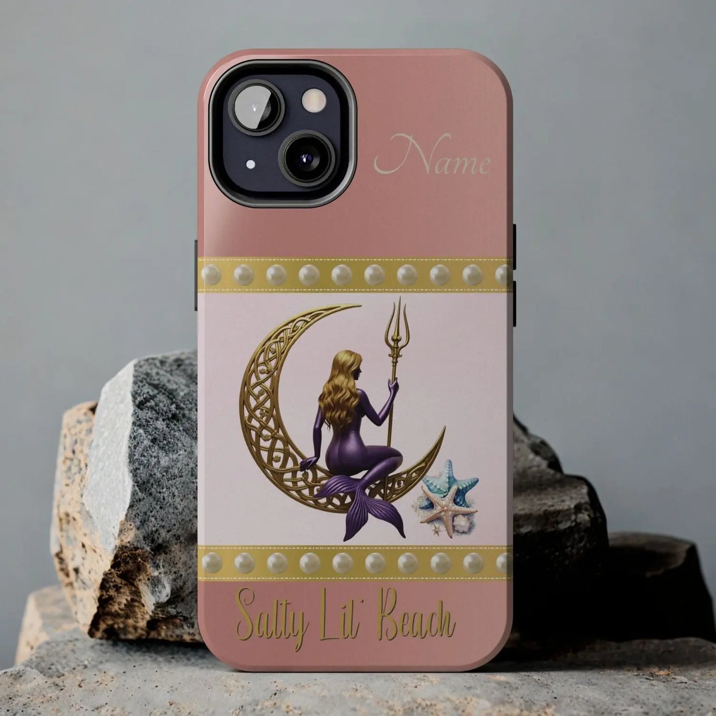 Pink and White 13 Pro Max iPhone Case with mermaid sitting on a celtic crescent moon holding a trident that says Salty Lil' Beach. Personalized with name.