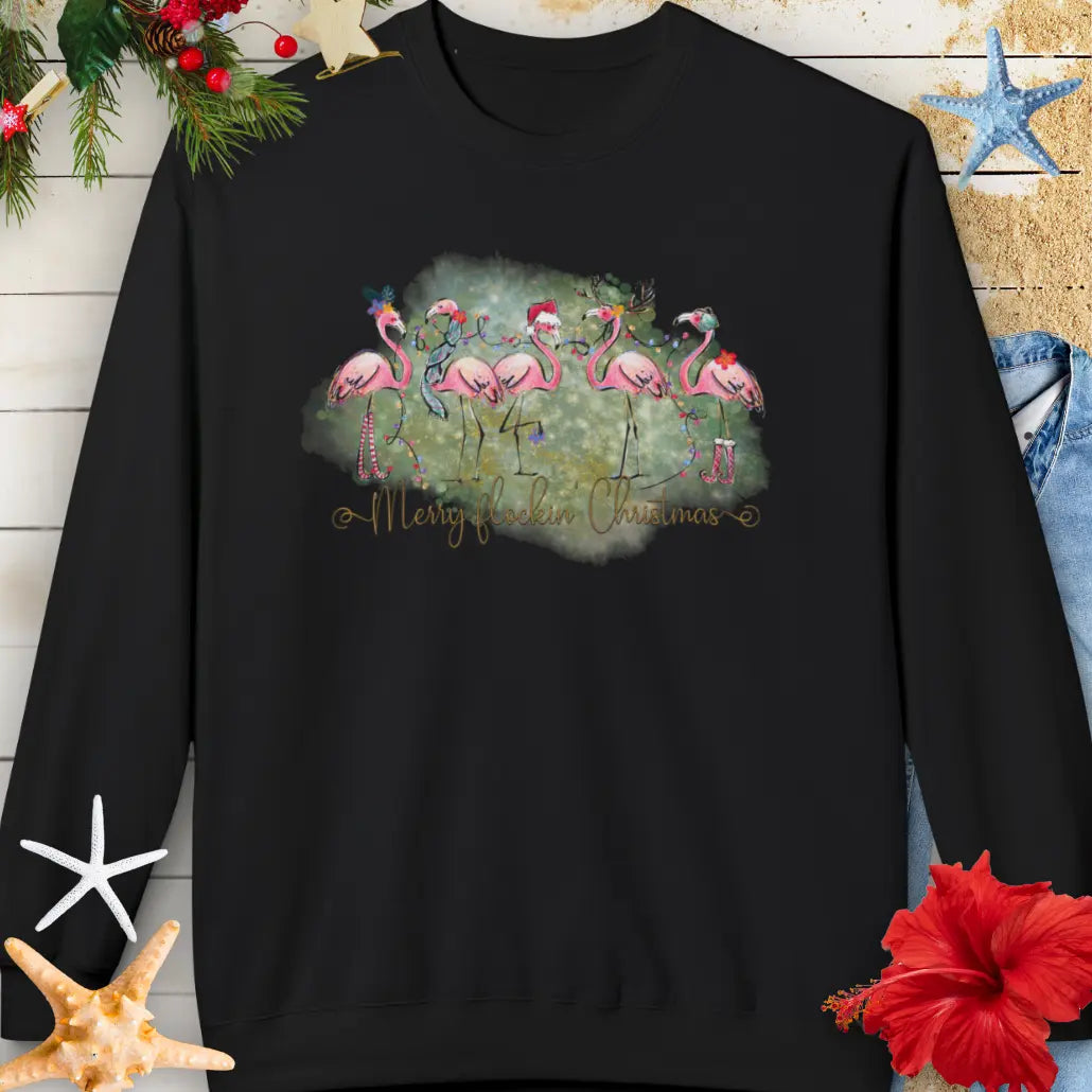Merry Flockin' Christmas Sweatshirt Sweatshirt Black-4XL Everythings Beachy