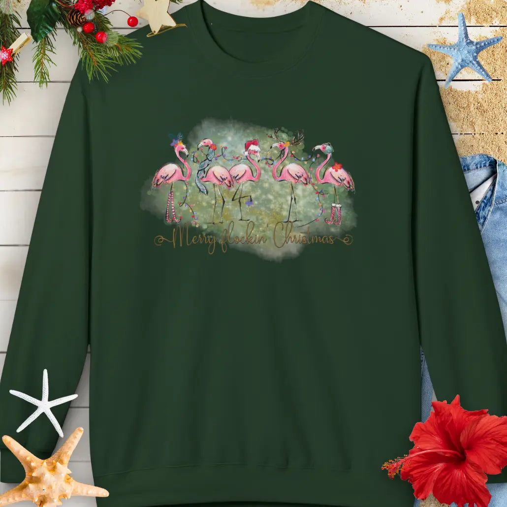 Merry Flockin' Christmas Sweatshirt Sweatshirt Forest-Green-4XL Everythings Beachy