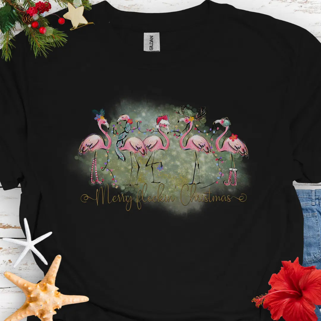 Merry Flockin' Christmas T-Shirt T-Shirt Black-5XL Everythings Beachy
