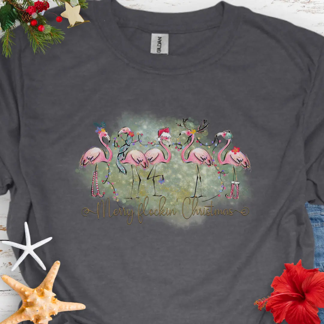 Merry Flockin' Christmas T-Shirt T-Shirt Dark-Heather-5XL Everythings Beachy