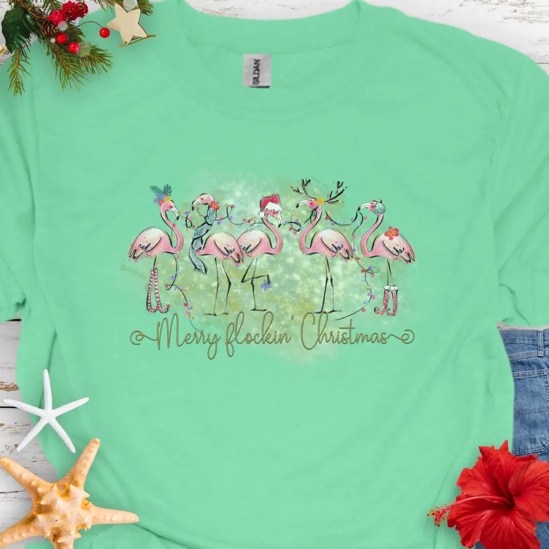 Merry Flockin' Christmas T-Shirt T-Shirt Mint-Green-3XL Everythings Beachy