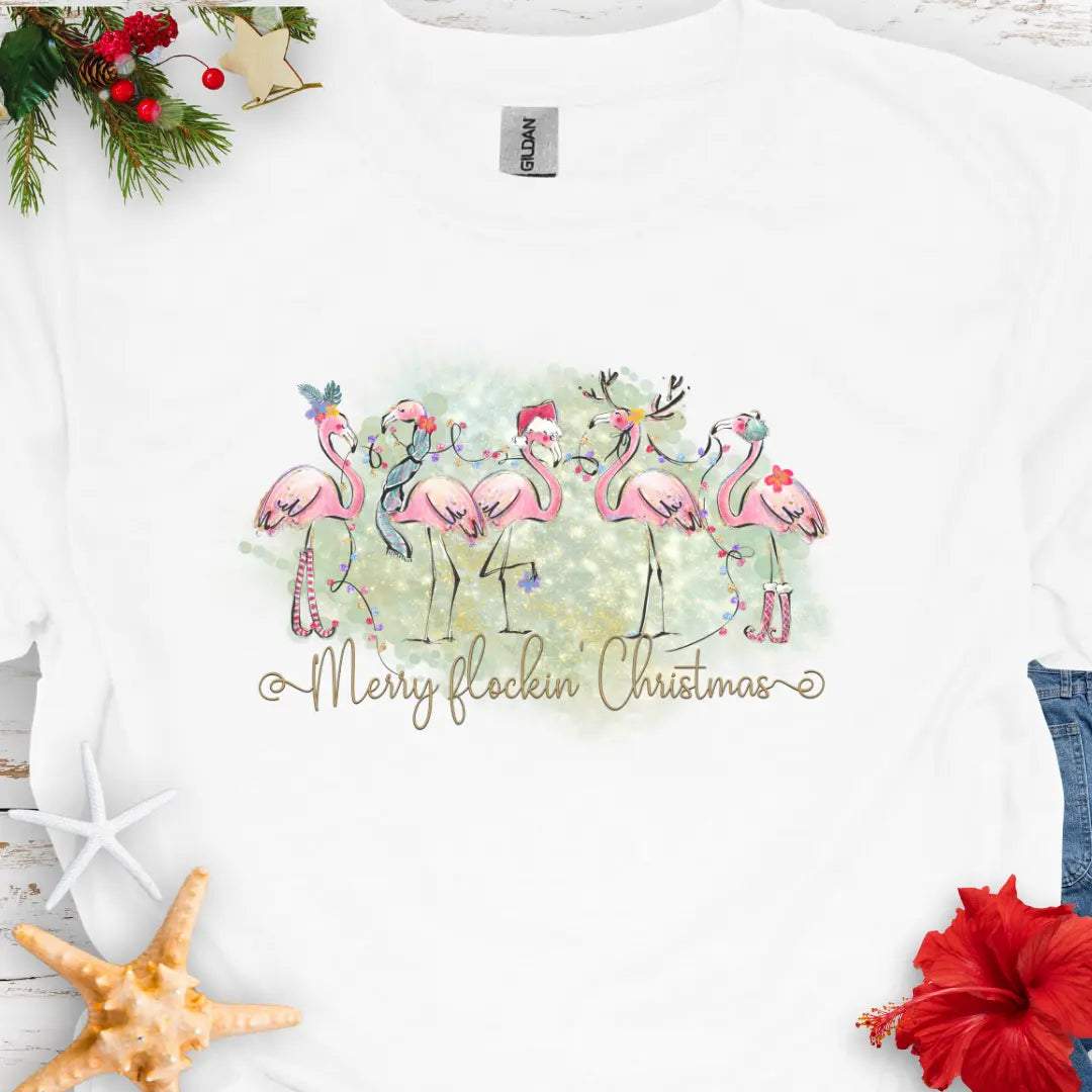 Merry Flockin' Christmas T-Shirt T-Shirt White-5XL Everythings Beachy