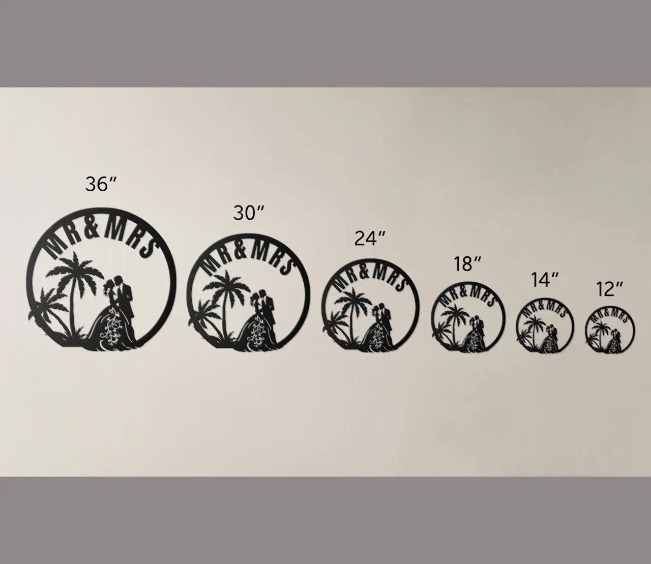 Size Chart for metal Sign with Wedding couple under palm trees with Mr. & Mrs. on top.