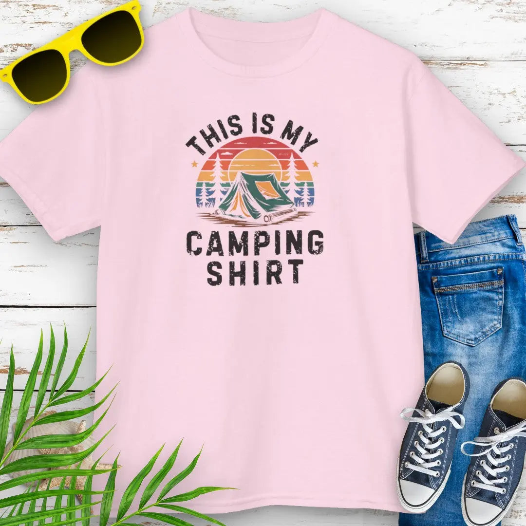 Our pink retro sunset with tent in forest 'This is My Camping Shirt'.