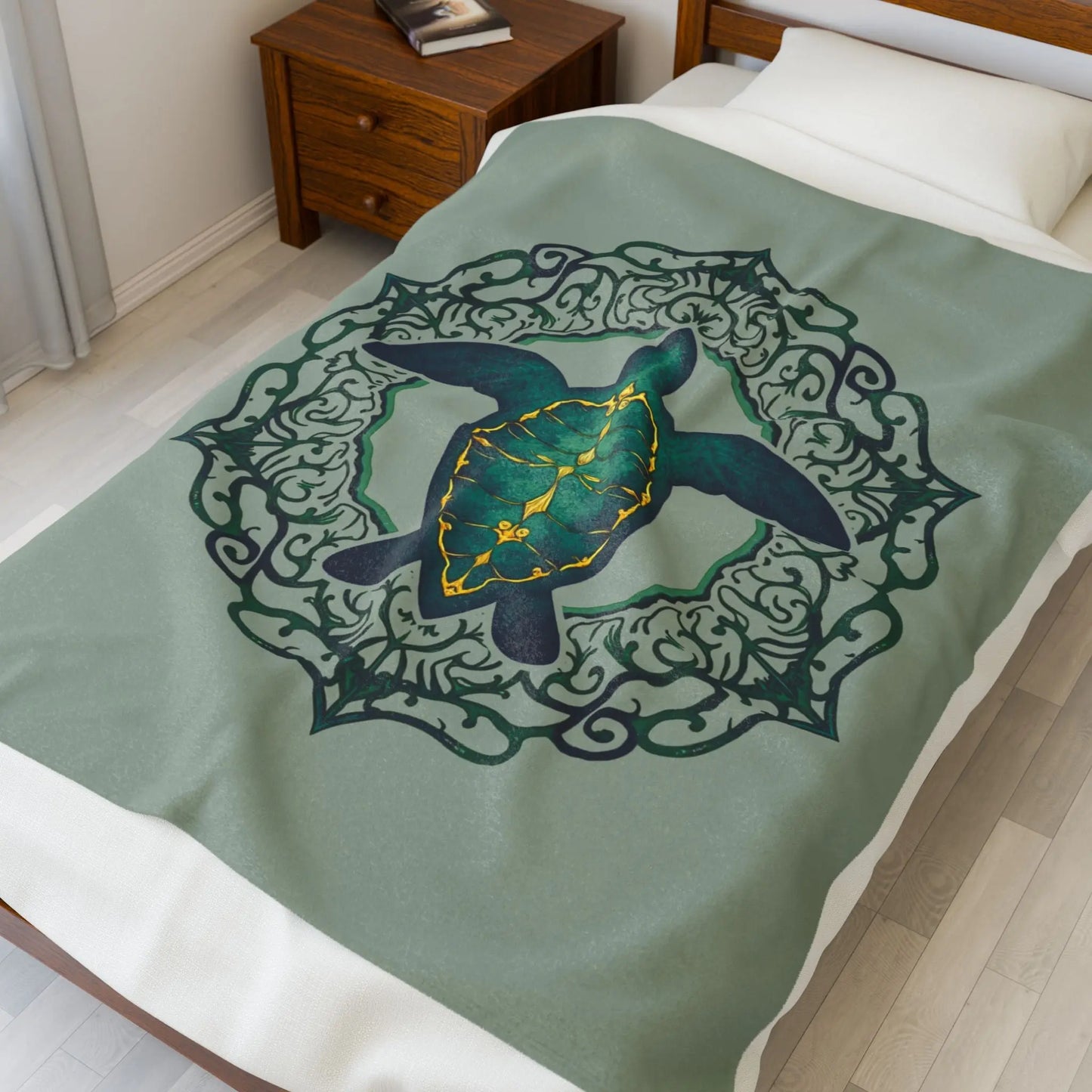 Our plush 50x60" velveteen blanket in sage with a sea turtle and a fancy mandala frame in emerald green.